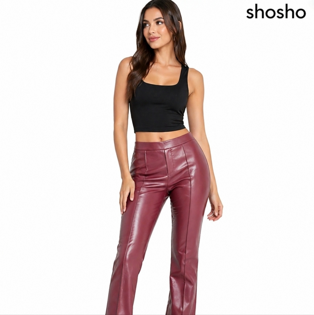 High-Rise Faux Leather Flared Pants - Burgundy